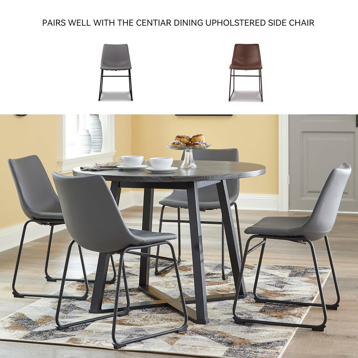 Signature Design by Ashley Centiar Mid Century Round Dining Room Table with Metal Legs, Gray & Black | Mid Century