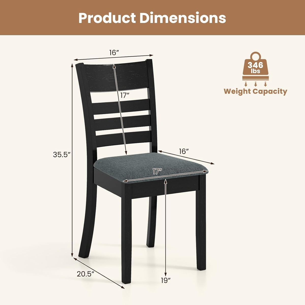 Giantex Wooden Dining Chairs Set of 4, Upholstered Black Kitchen Chair w/Rubber Wood Frame, Curved Slatted Backrest & Wide Padded Seat, Modern Dining Room Chairs for Living Room, Restaurant