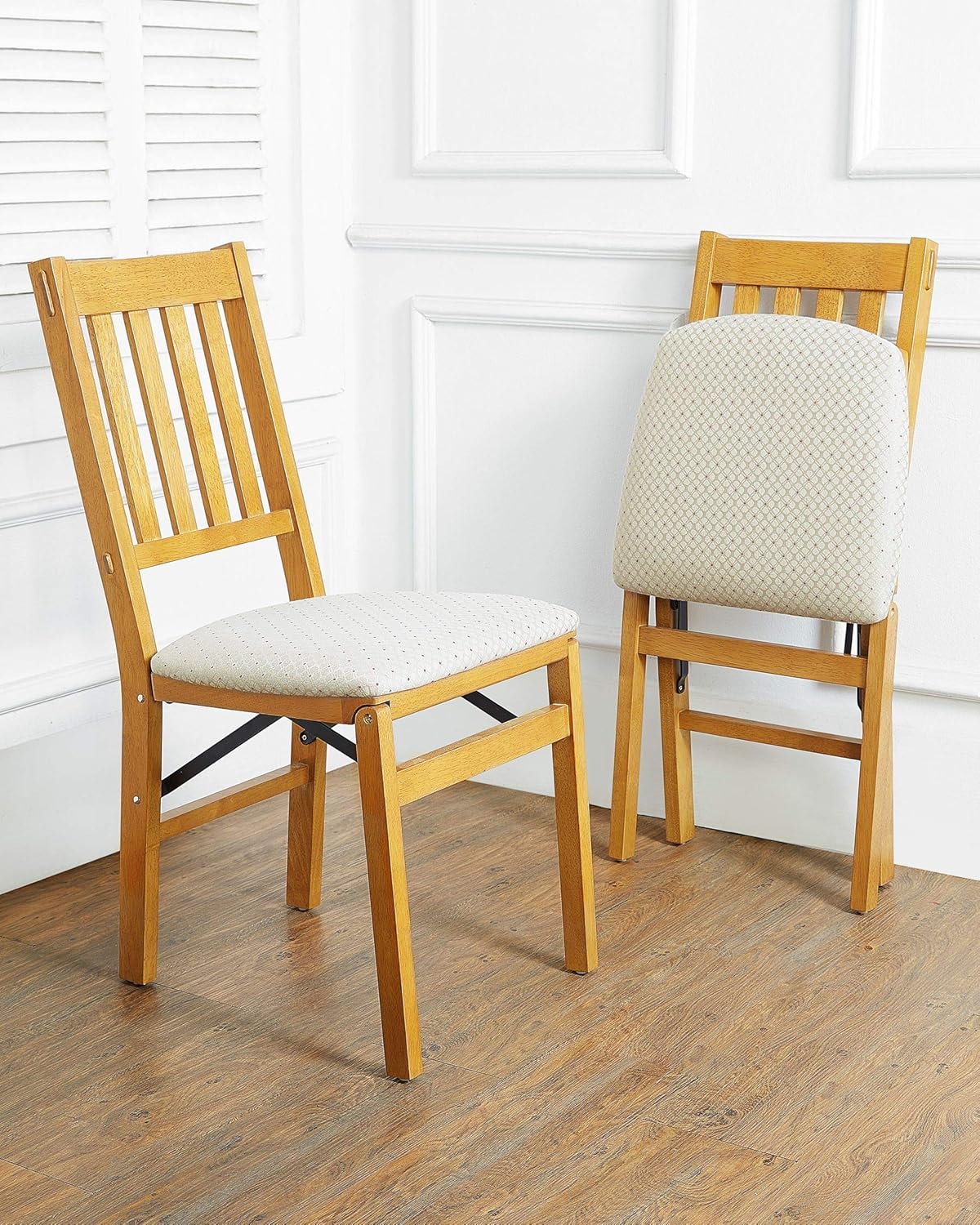 MECO Stakmore Arts and Craft Wooden Folding Chairs with Padded Seats, Set of 2 - No Assembly Foldable Dining Chairs, Steel Folding Mechanism, Upholstered Cushion, Space-Saving, Oak Frame