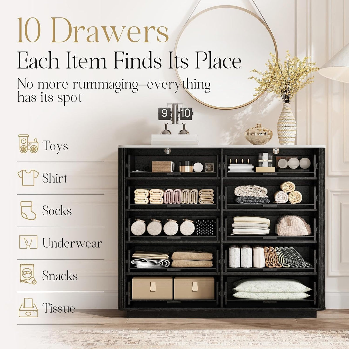 Fluted 10 Drawers Dresser for Bedroom, 47'' Wide Modern Chest of Drawers with Thickened Curved Profile Design, Wood Dressers TV Stand for Bedroom, Living Room, Hallway,Black