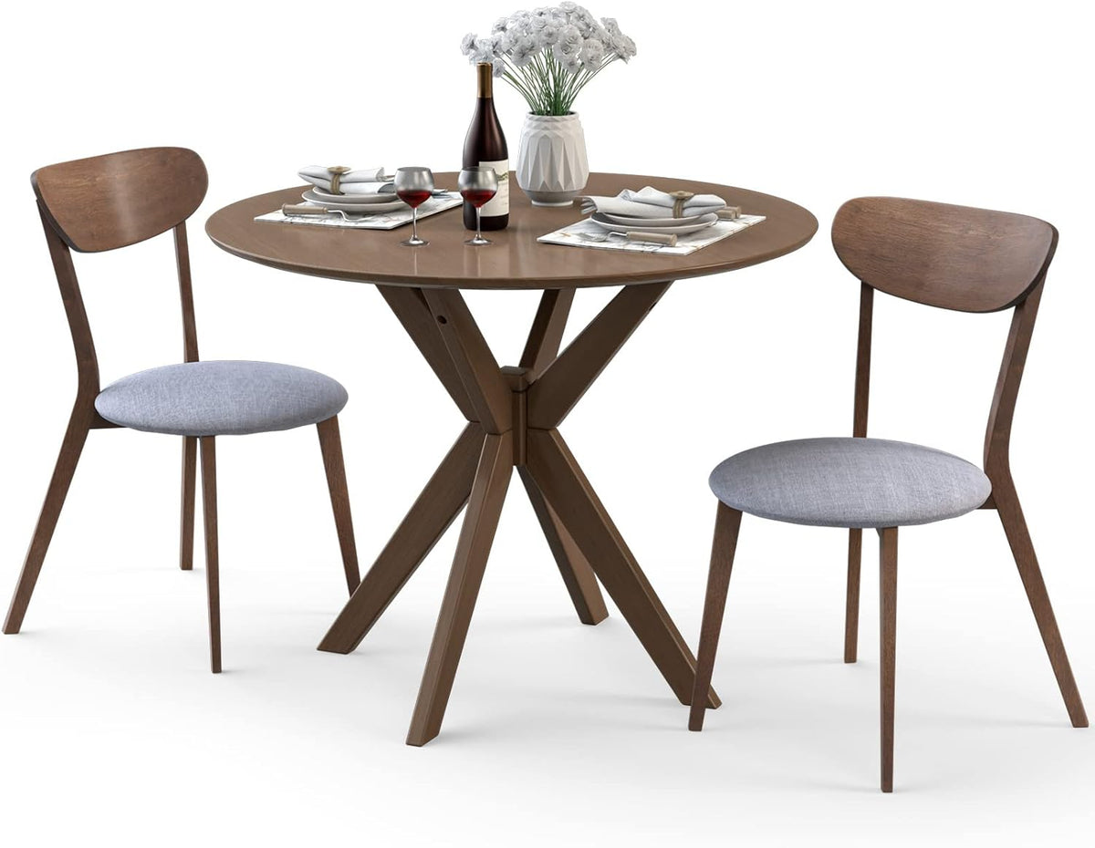 Giantex 3-Piece Dining Table and Chair Set, Wooden Kitchen Table Set, Farmhouse Round Kitchen Table and 2 Cushioned Dinette Chairs, Mid-Century Dining Table Set for Dining Room, Living Room