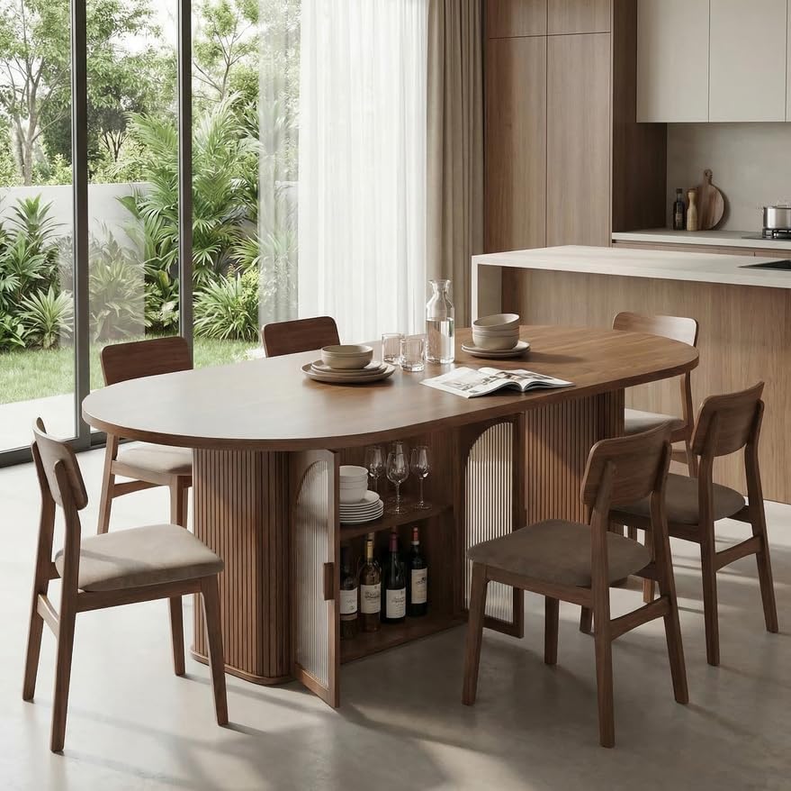 ONBRILL 70 Inch Oval Dining Table for 6-8, Modern Dining Room Table with 2-Tier Storage Space, Wood Kitchen Table with LED Light, Dinner Table with Heavy Duty Legs, Walnut