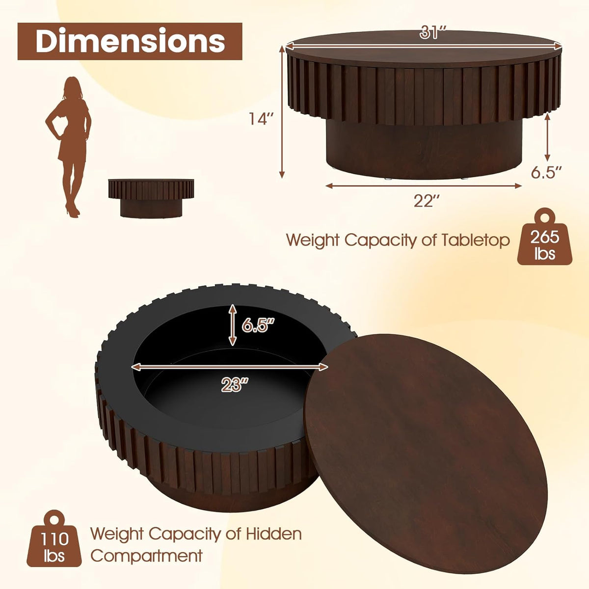 Giantex Round Coffee Table with Storage, Modern Drum Fluted Center Table with Solid Wood Veneered, Unique Circle Wood Coffee Table for Living Room Small Spaces (Brown)