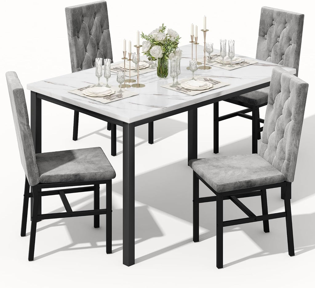 Hooseng Dining Table Set for 4, Faux Marble Small Kitchen Table Chairs Set of 4 with Luxurious Button Tufted Dinner Chairs for Kitchen and Dining