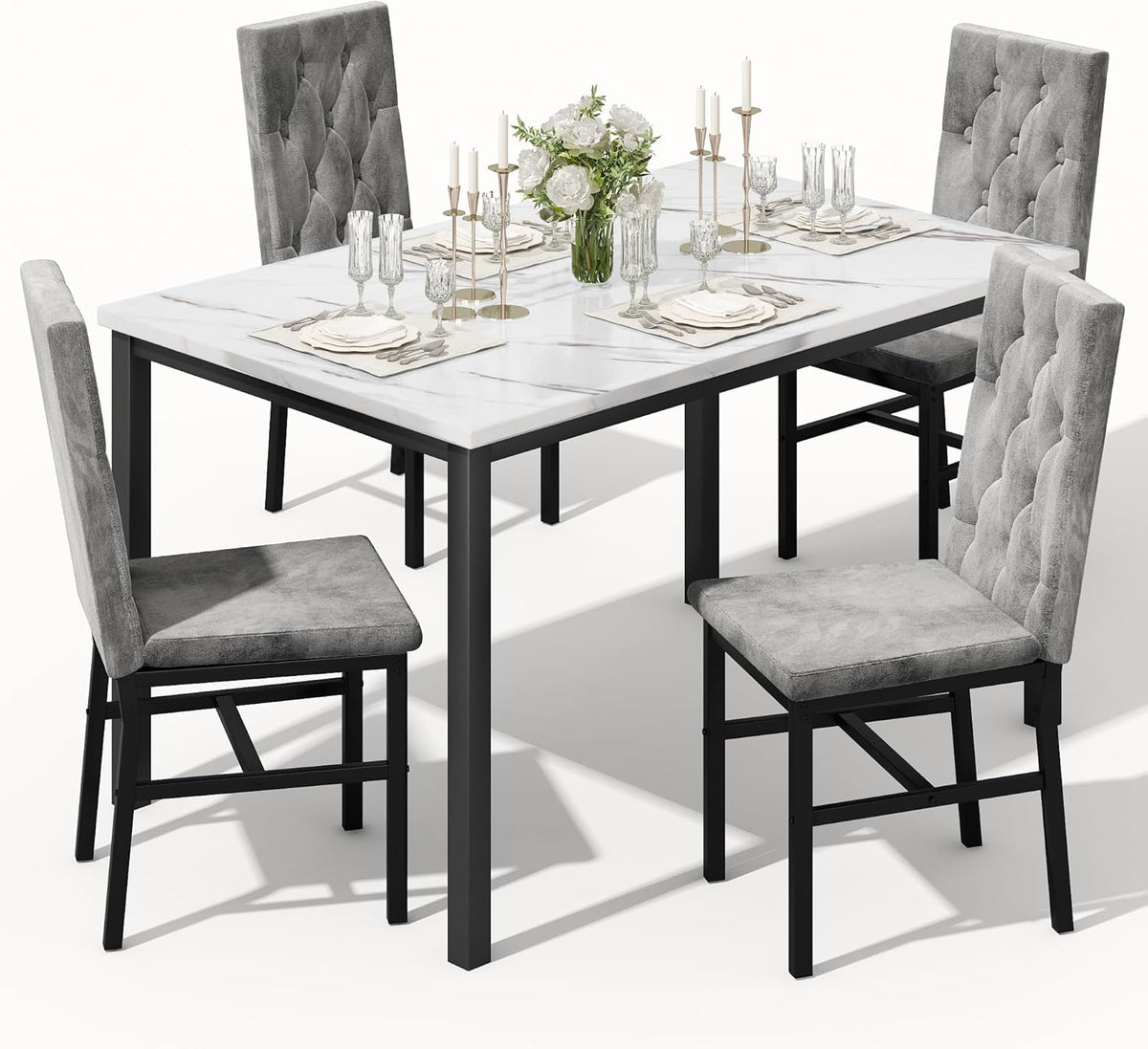 Hooseng Dining Table Set for 4, Faux Marble Small Kitchen Table Chairs Set of 4 with Luxurious Button Tufted Dinner Chairs for Kitchen and Dining