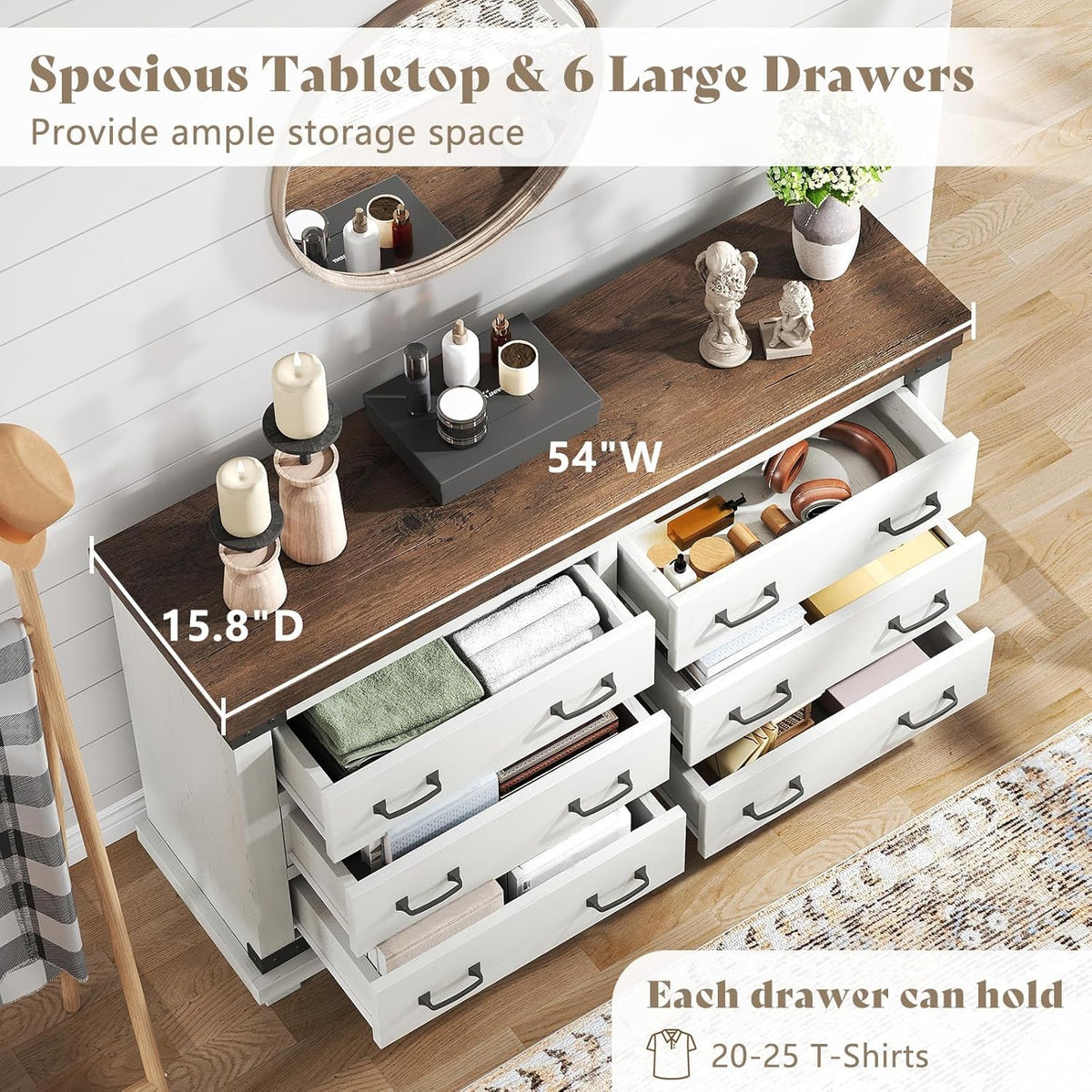 AMERLIFE Farmhouse 6 Drawer Wide Dresser for Bedroom, Large Wood Chest of Drawers with Thick Plank Top, Rustic Heavy Duty Storage Cabinet for Living Room or Hallway, Antique White