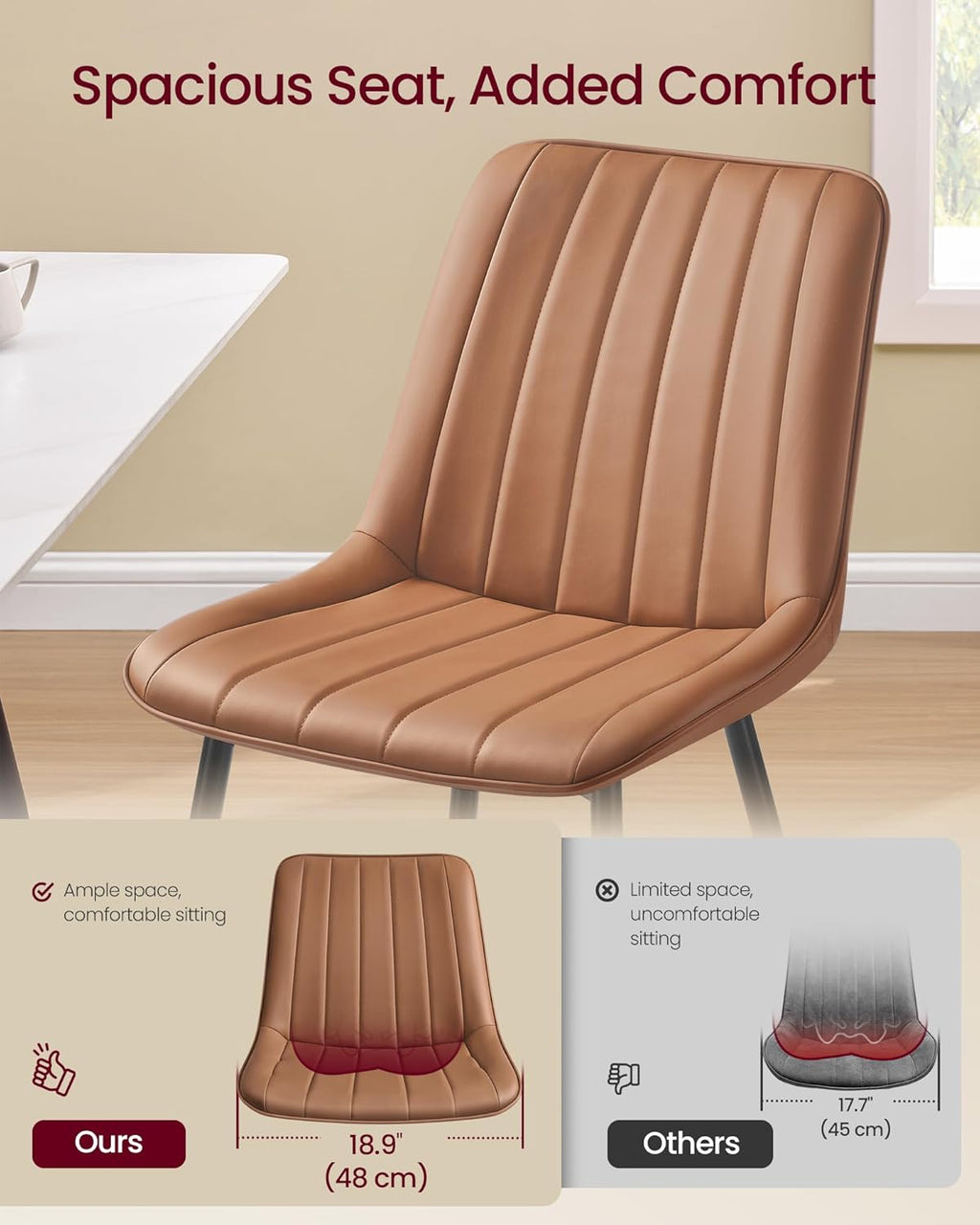 VASAGLE Dining Chairs Set of 6, Upholstered Kitchen Chairs, Synthetic Leather, Max. Load 264 lb, Steel Legs, Curved Backrest, for Dining Room, Caramel Brown and Ink Black ULDC090KN03-3J