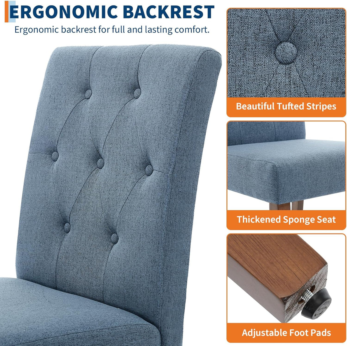 IDEALHOUSE Dining Chairs Set of 6, Linen Fabric Upholstered Parsons Chairs with Rubberwood Legs, Comfortable Padded Seat Kitchen, Dining Room Side Chairs, Living Room Blue