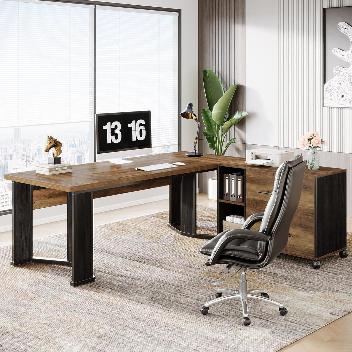 Tribesigns 70.86" Executive Desk with Mobile File Cabinet, Large L Shaped Computer Office Desk with 2 Drawers and Storage Shelves, Business Furniture Desk Workstation for Home Office (Rustic Brown)