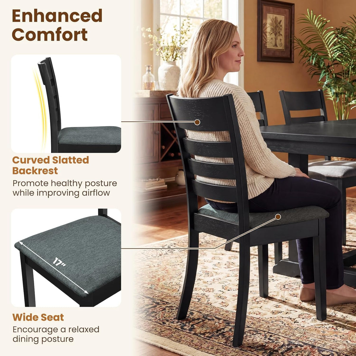 Giantex Wooden Dining Chairs Set of 4, Upholstered Black Kitchen Chair w/Rubber Wood Frame, Curved Slatted Backrest & Wide Padded Seat, Modern Dining Room Chairs for Living Room, Restaurant