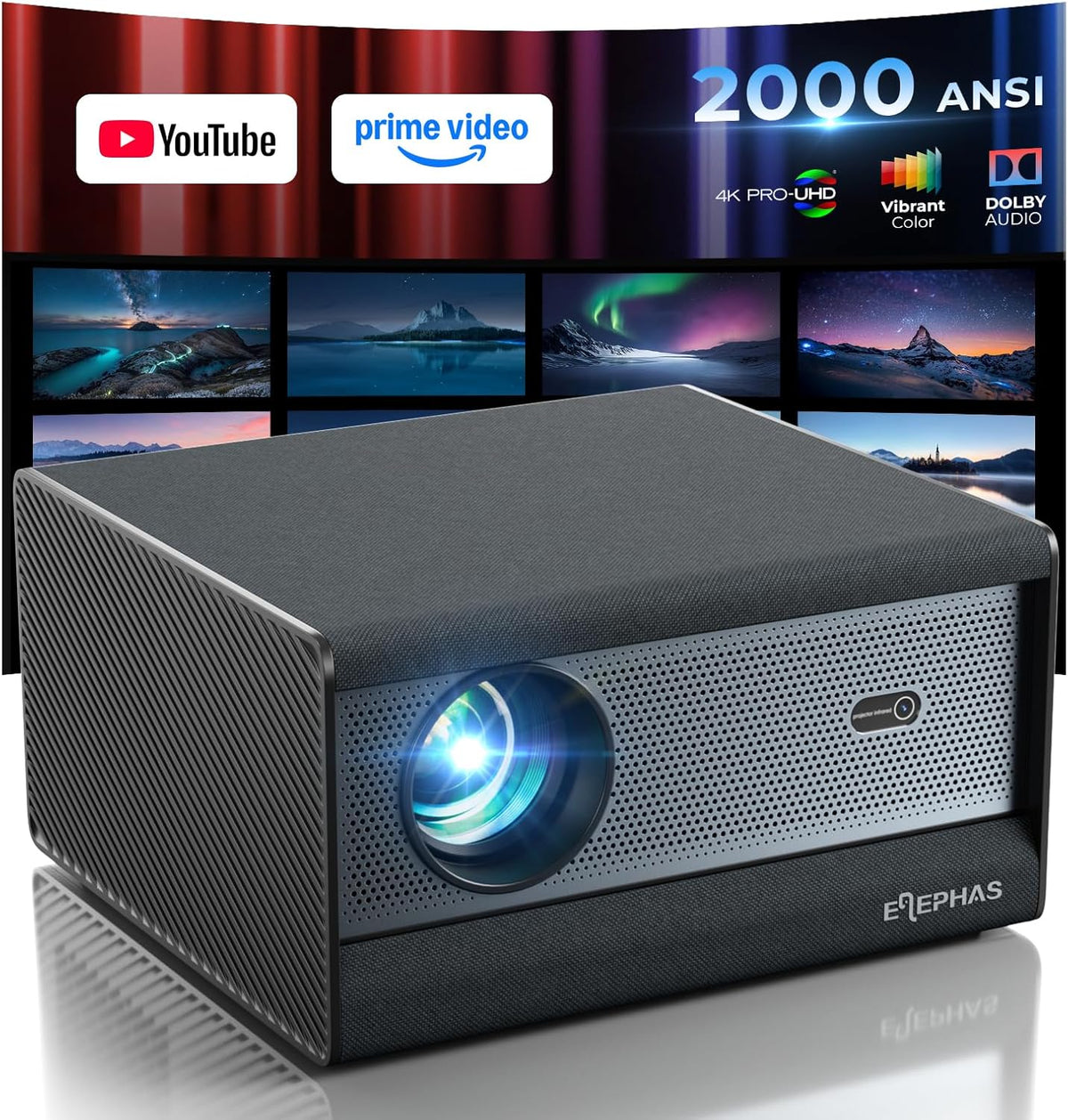 ELEPHAS Smart 4K Supported Projector with WiFi & Bluetooth, 2000 ANSI Lumens, Compatible with Netflix, Prime Video, YouTube, Auto Focus & Keystone, Dust-Proof Sealed, Dolby Audio Video Projector