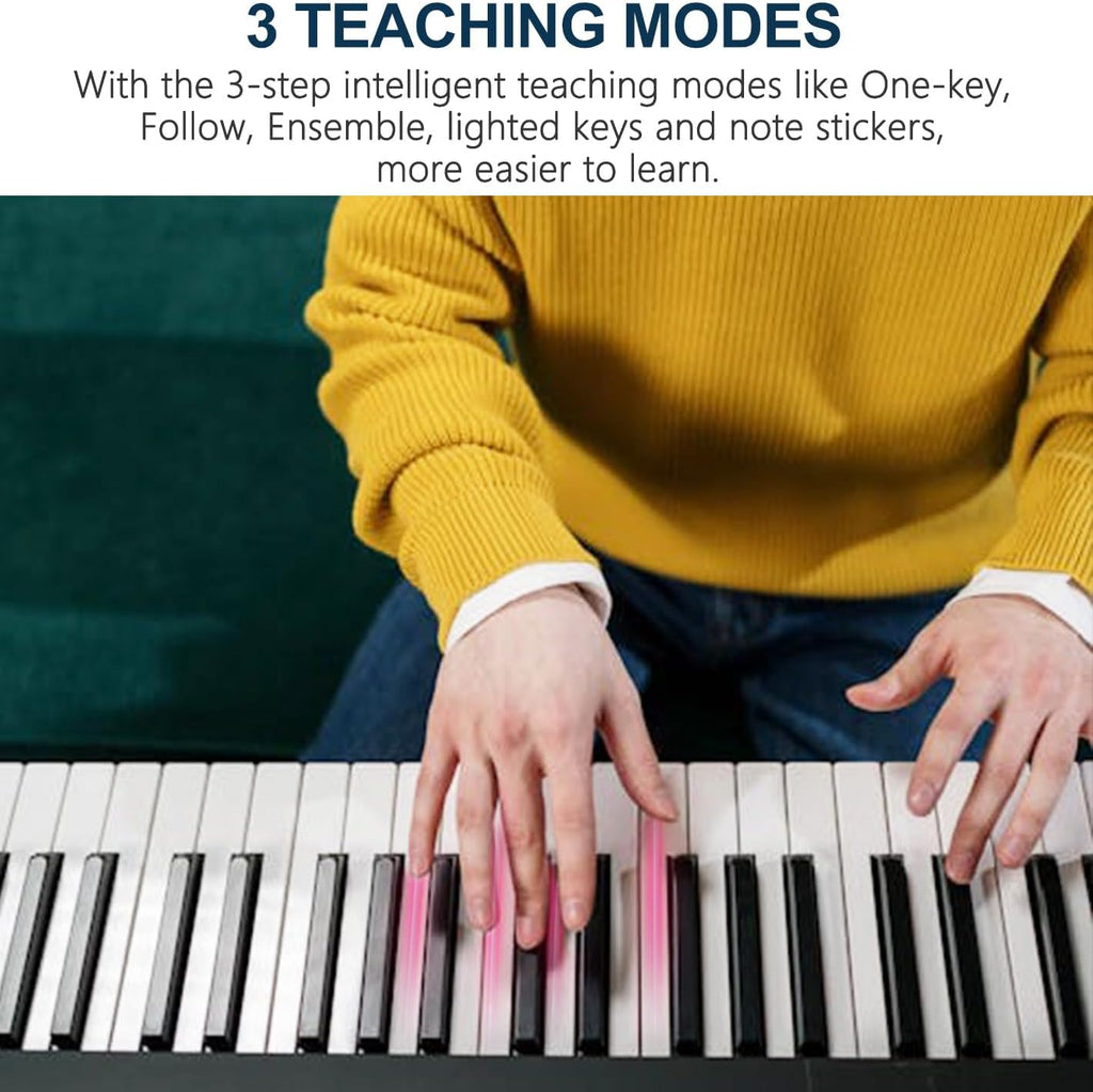 61 Key Portable Electronic Keyboard Piano w/Lighted Full Size Keys, LCD, Headphones, X-Stand, Stool, Music Rest, Microphone, Note Stickers, Built-In Speakers,3 Teaching Modes