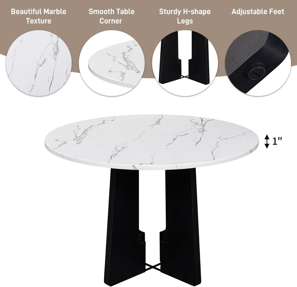 Merax 5-Piece Round Dining Table Set, Modern 4 Upholstered Chairs for Living,Kitchen Room, 43 Inch, White+Gray