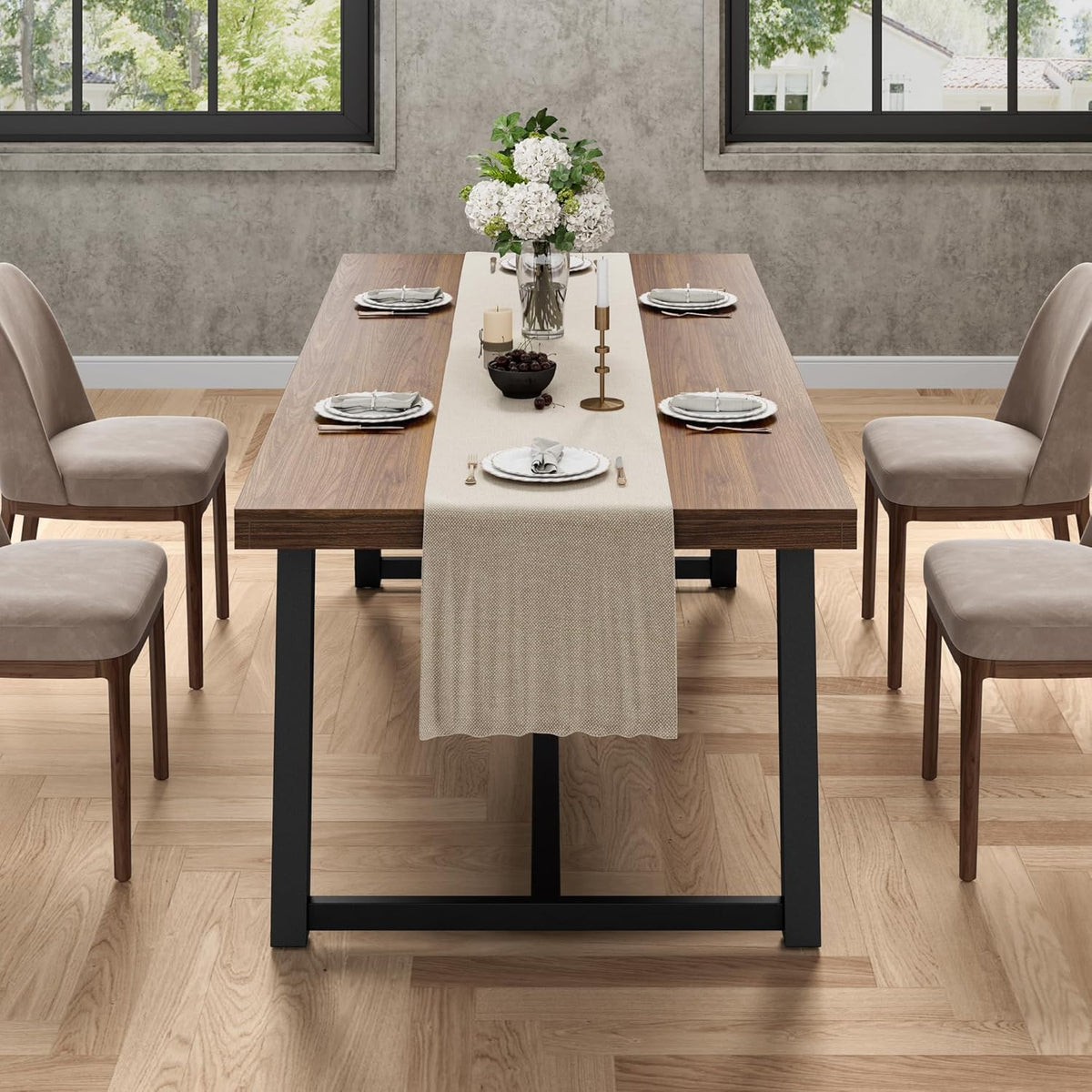 IRONCK 71" Dining Table for 6-8 People, Industrial Kitchen Table with Sturdy Metal Frame, Rectangular Brown Wood Dinner Table for Dining Room