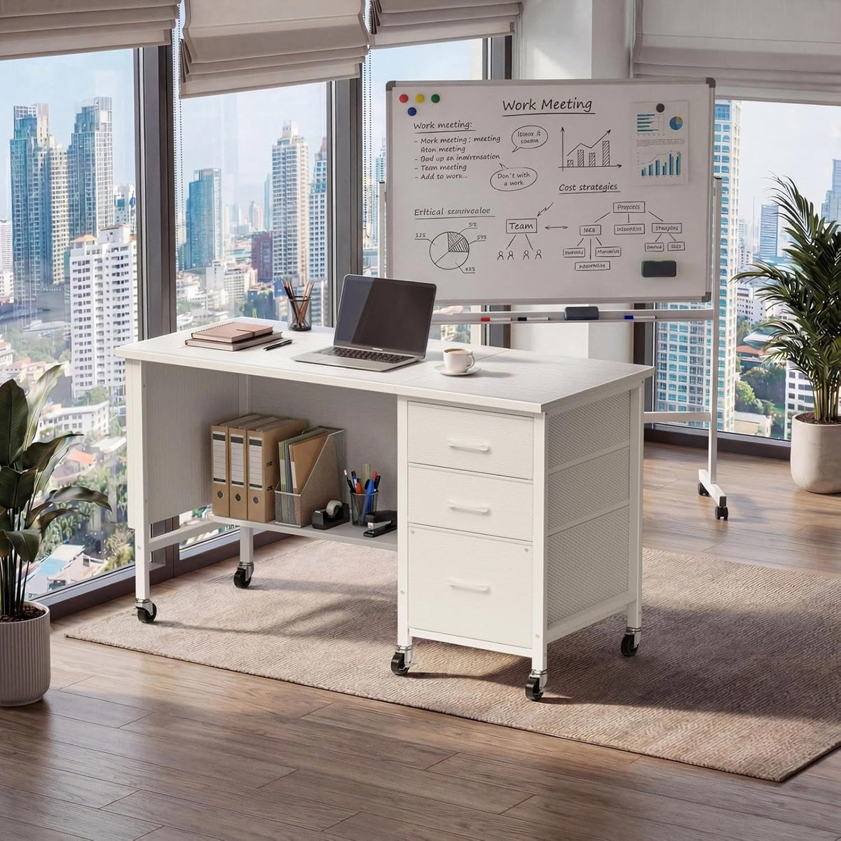 WINAZ Rolling Teacher Desk with File Drawers - 47 Inch Mobile Computer Desk with Privacy Panels & 3 Storage Drawers on Wheels, White Office Desks Workstation for Classroom & Home Office