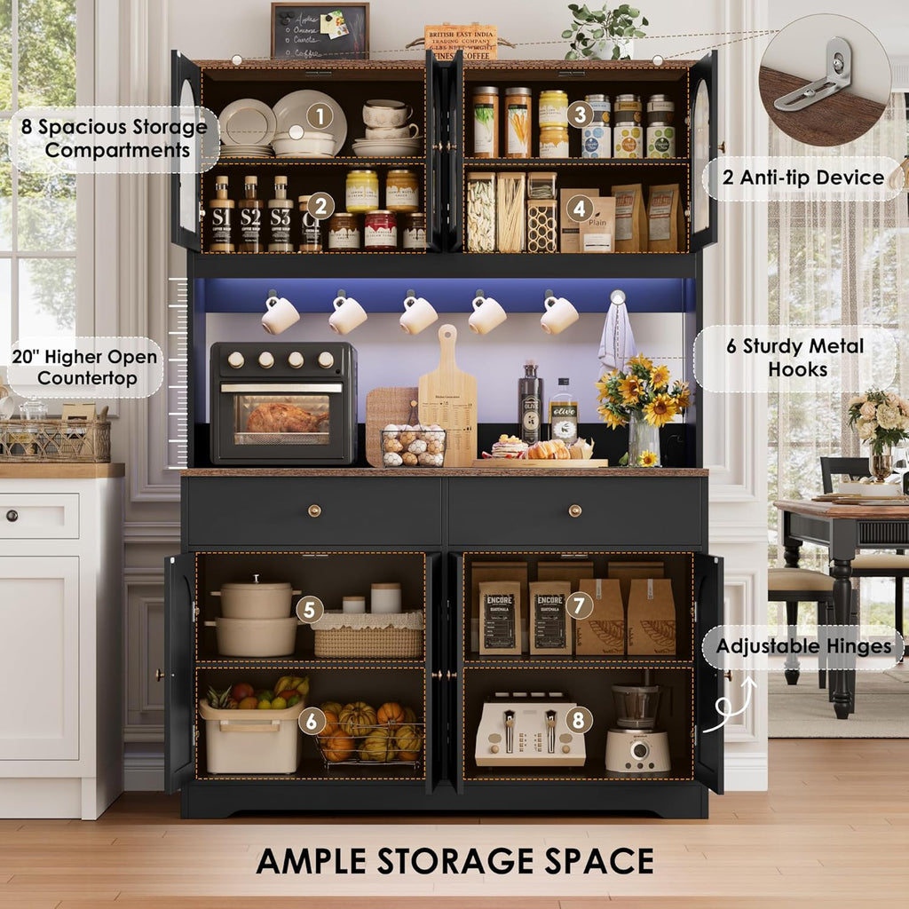 HIFIT 71" LED Kitchen Pantry Cabinet with Power Outlet, Large Kitchen Hutch Cabinet with 2 Storage Drawers & Arched Door, Countertop & Hooks, Tall China Bar for Dining Living Room (Black)