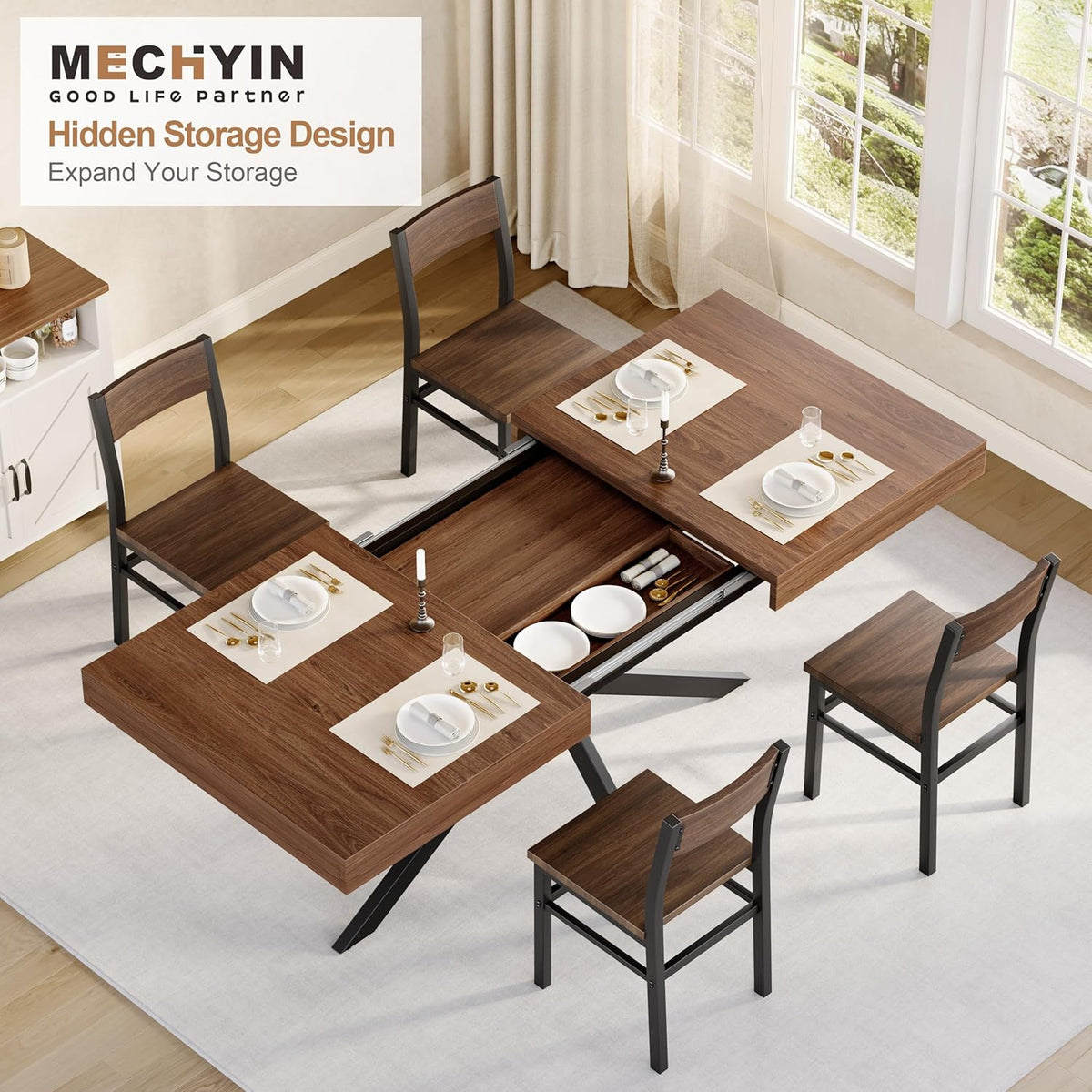 Extendable Dining Room Table for 4 6 8, 55"-70.9" Long Rectangle Kitchen Table,Wood Expandable Dining Table with Hidden Leaf & Storage, Space Saving, For Kitchen Dining Living Room, Farmhouse, Walnut