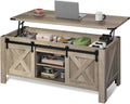 WLIVE 47.2" Farmhouse Lift Top Coffee Table with Sliding Barn Doors, Large Hidden Storage Compartment and Adjustable Shelf for Living Room,Office, Greige