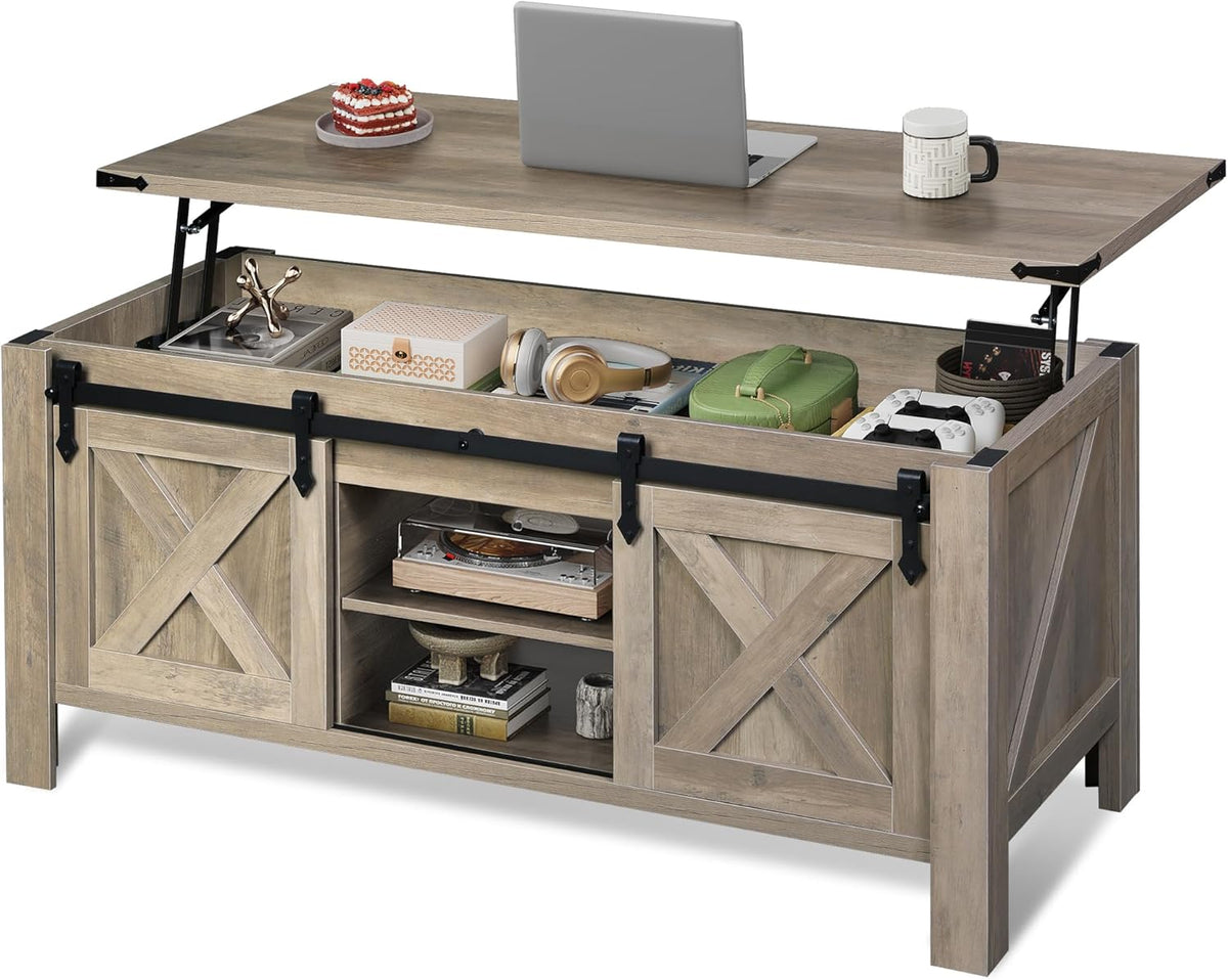 WLIVE 47.2" Farmhouse Lift Top Coffee Table with Sliding Barn Doors, Large Hidden Storage Compartment and Adjustable Shelf for Living Room,Office, Greige