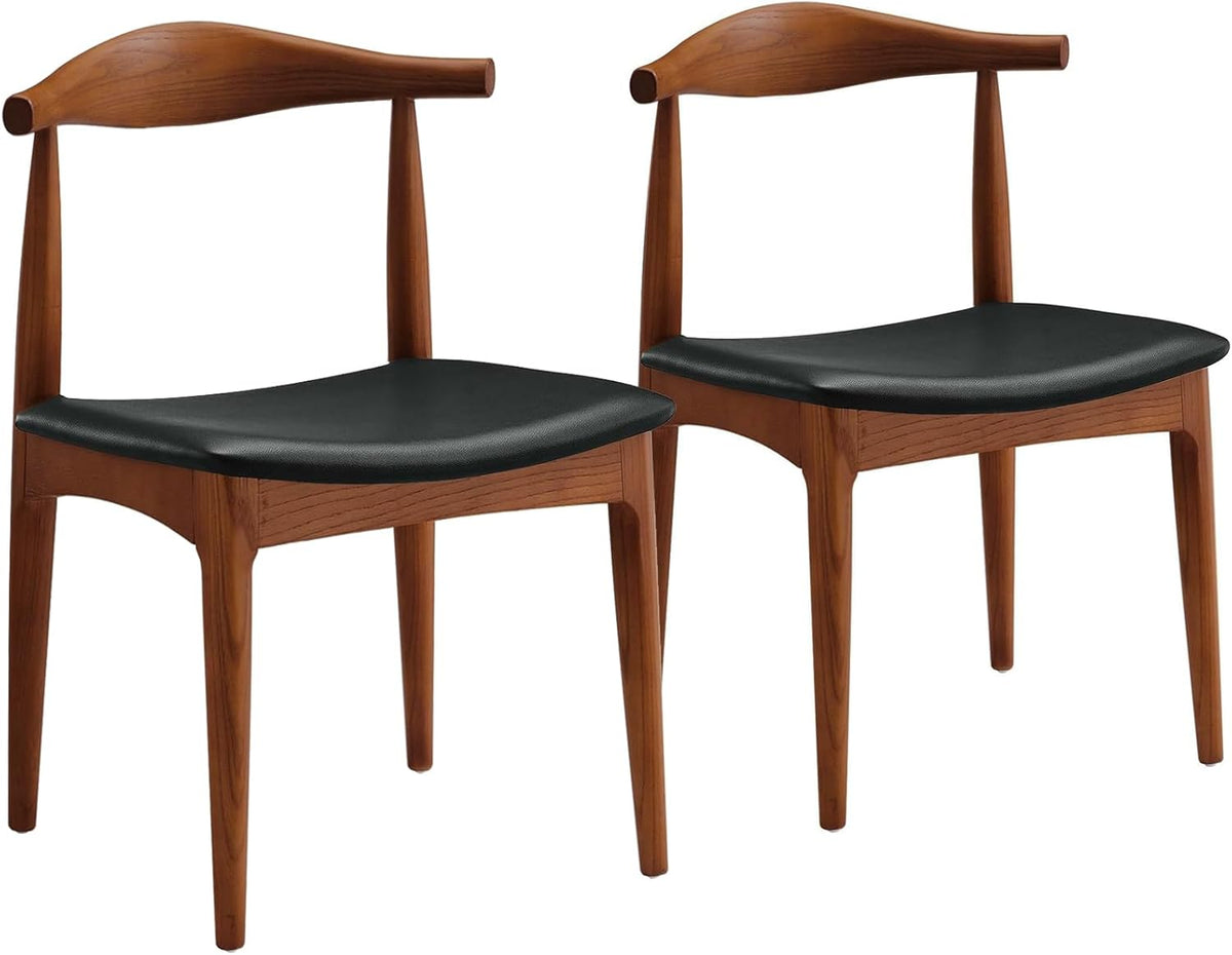Ytaoka Solid Wood Dining Chairs Set of 2, Mid Century Dining Chairs, Upholstered PU Leather Chairs with Wide Curved Backrest, Chairs for Dining Room, Kitchen, Walnut Finish