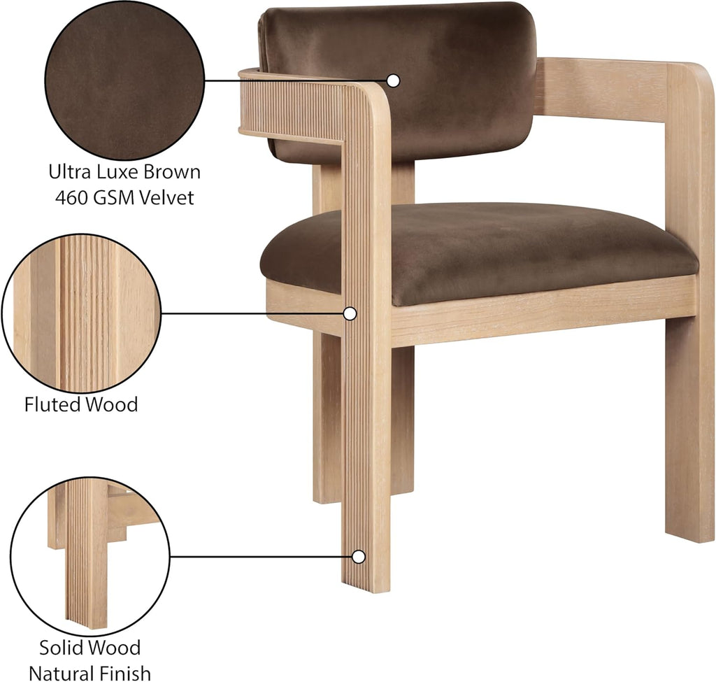 Meridian Furniture 11094Brown-C Sacha Collection Art Deco Dining Chair, Ultra Luxe Brown Velvet, 460 GSM Velvet, Solid Fluted Wood Natural Finish, 22.5" W x 22" D x 31" H, Brown, Set of 2