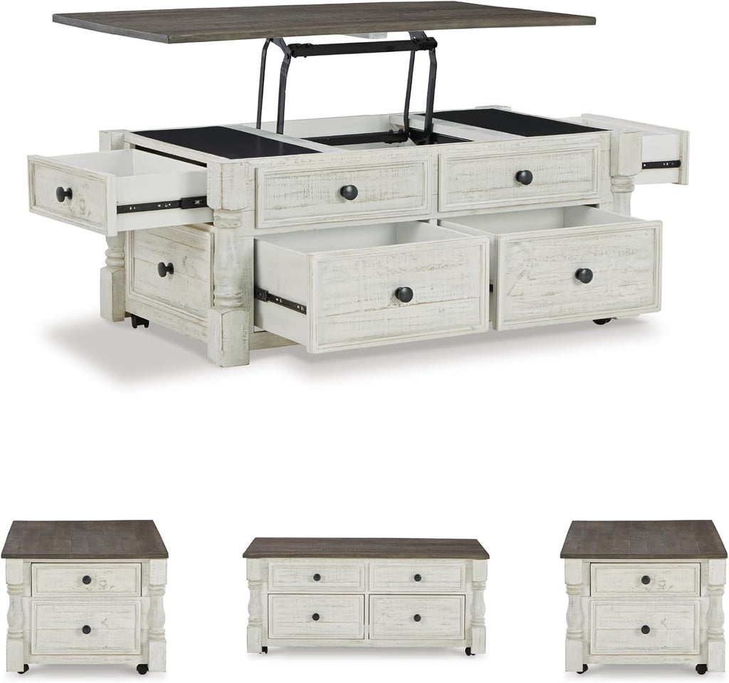 Signature Design by Ashley Havalance Farmhouse Lift Top Coffee Table with 4 Storage Drawers and Small Storage Tray, Whitewash