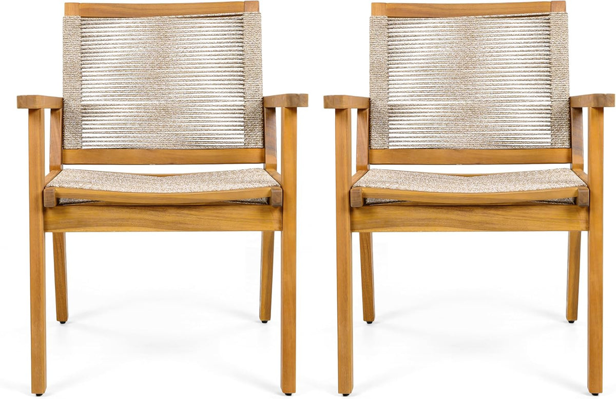 Christopher Knight Home Kita Acacia Wood Patio Dining Chairs Set of 2, Wooden Outdoor Dining Chair Set, Outdoor Kitchen Side Chair with Woven Rope, Teak+Dark Beige
