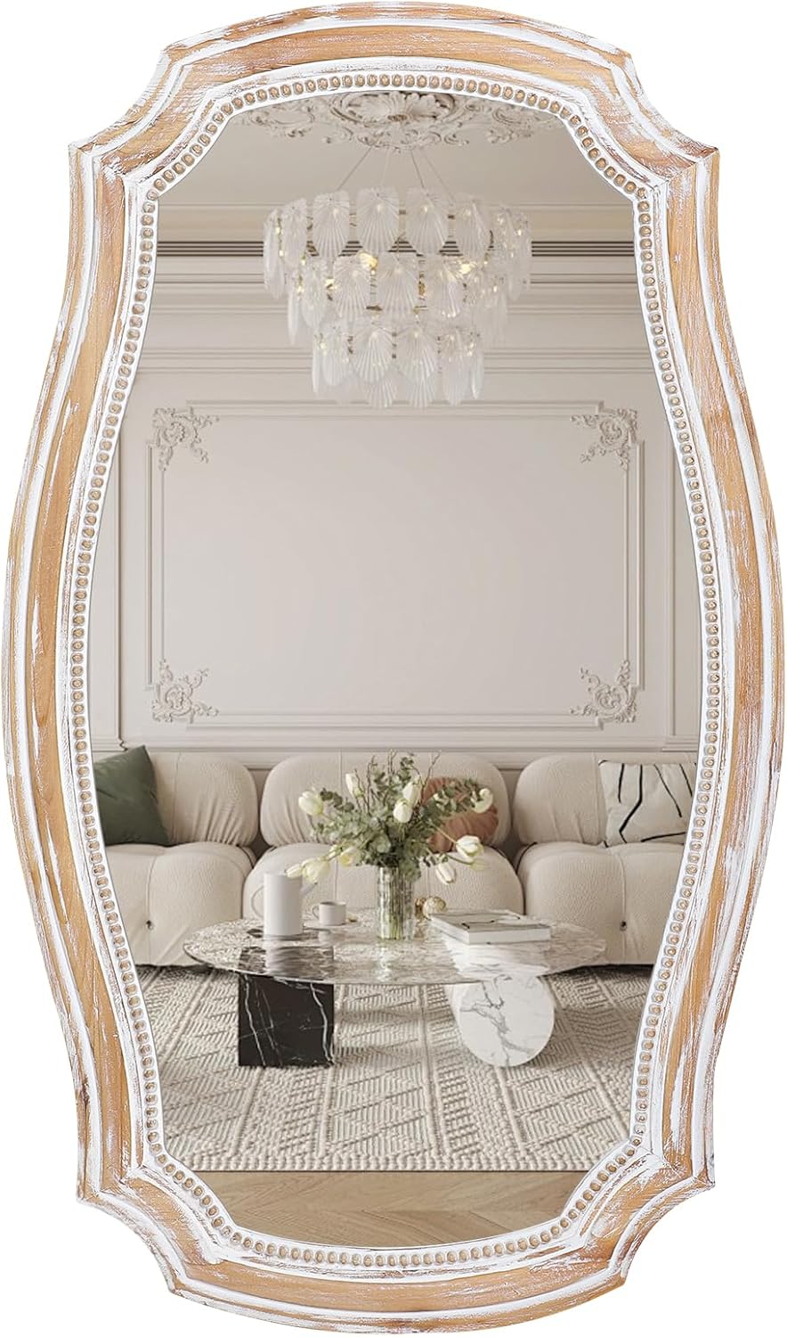 HOITUZYUS 36x24 Inches Rustic Scalloped Wall Mirror, Baroque Curved with Beaded, Distressed Wooden Decorative Mirros for Bathroom, Living Room, Bedroom, Entryway - Horizontal or Vertical