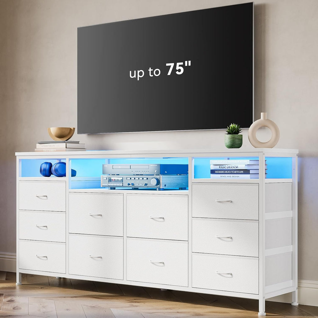 63.3 in Dresser for Bedroom, 10 Drawer Dresser Tv Stand for 65 70 75 in Tv, Fabric Chest of Drawers With Led Lights & Power Outlets, Long Entertainment Center for Closet, Living Room (White PU)