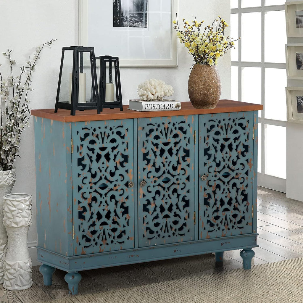 Sophia & William Sideboard Buffet Credenza Cabinet, 3-Door Hollow-Carved Accent Cabinet, Distressed Sideboard Storage Cabinet with Wood Veneer for Kitchen, Living Room, Dining Room, Entryway, Blue | 3-Door