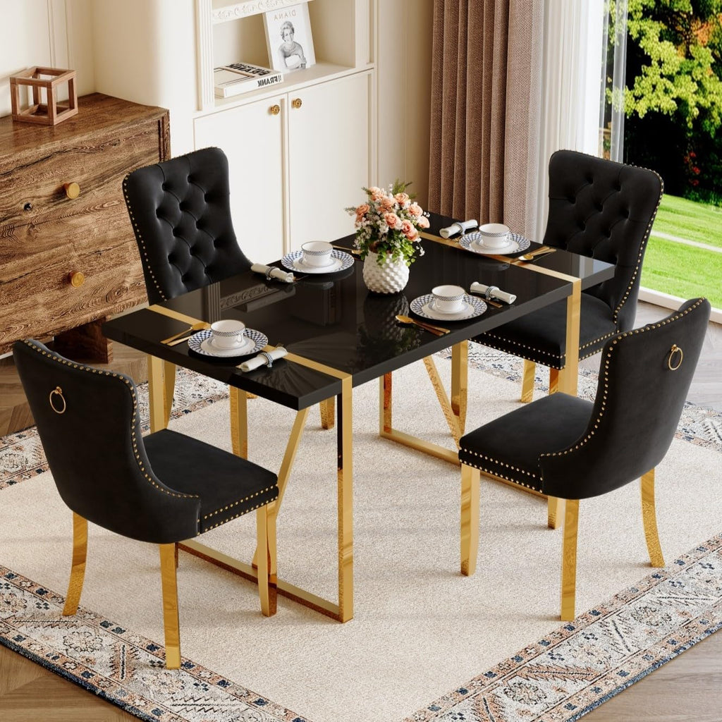 Black Dining Table Set for 4, 55" Black Glossy Top with Gold Metal Legs, Modern Dining Table Set for 4 & Velvet Tufted Chair with Gold Nailhead Trim, Luxry Kitchen Table Set Ideal for Dining Room,APT