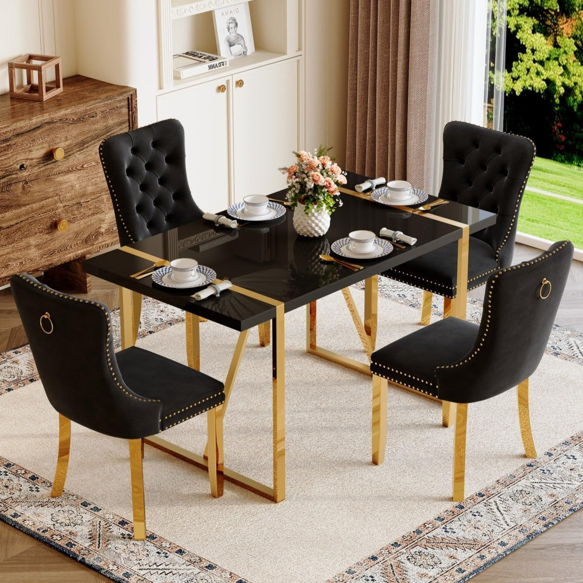 Black Dining Table Set for 4, 55" Black Glossy Top with Gold Metal Legs, Modern Dining Table Set for 4 & Velvet Tufted Chair with Gold Nailhead Trim, Luxry Kitchen Table Set Ideal for Dining Room,APT
