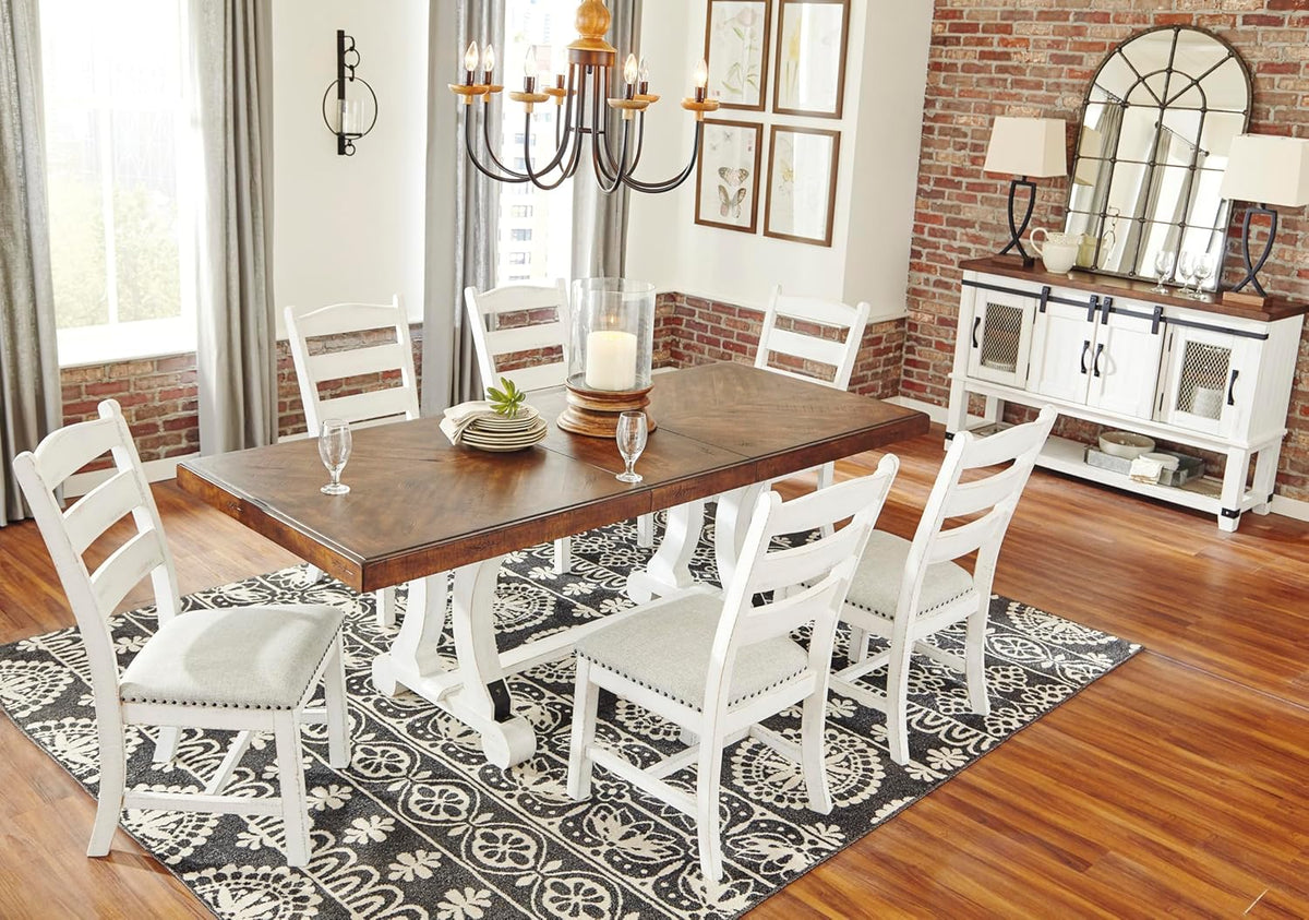 Signature Design by Ashley Valebeck Extendable Dining Room Table, Rustic Farmhouse Dining Table with Leaf Extension, Seats Up to 8, Vintage White/Brown