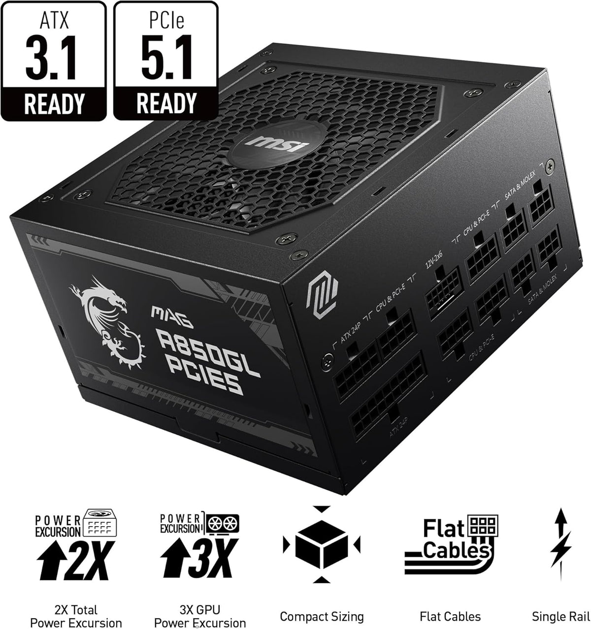 MSI MAG A850GL PCIE5, Fully Modular Compact Gaming 850W Power Supply, 80+ Gold, ATX 3.1 & PCIe 5.1 Ready, Native Dual-Color 12V-2x6 Cable, 10 Year Warranty