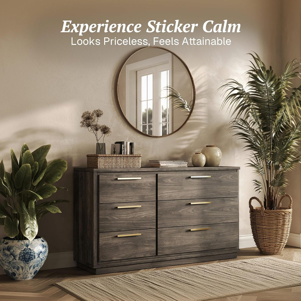 BELLEZE 6 Drawer Dresser for Bedroom and Closet, 54" Mid-Century Modern Wood Chest of Drawers, Wide Storage Organizer Cabinet for Living Room, Hallway, or Apartment, Brown