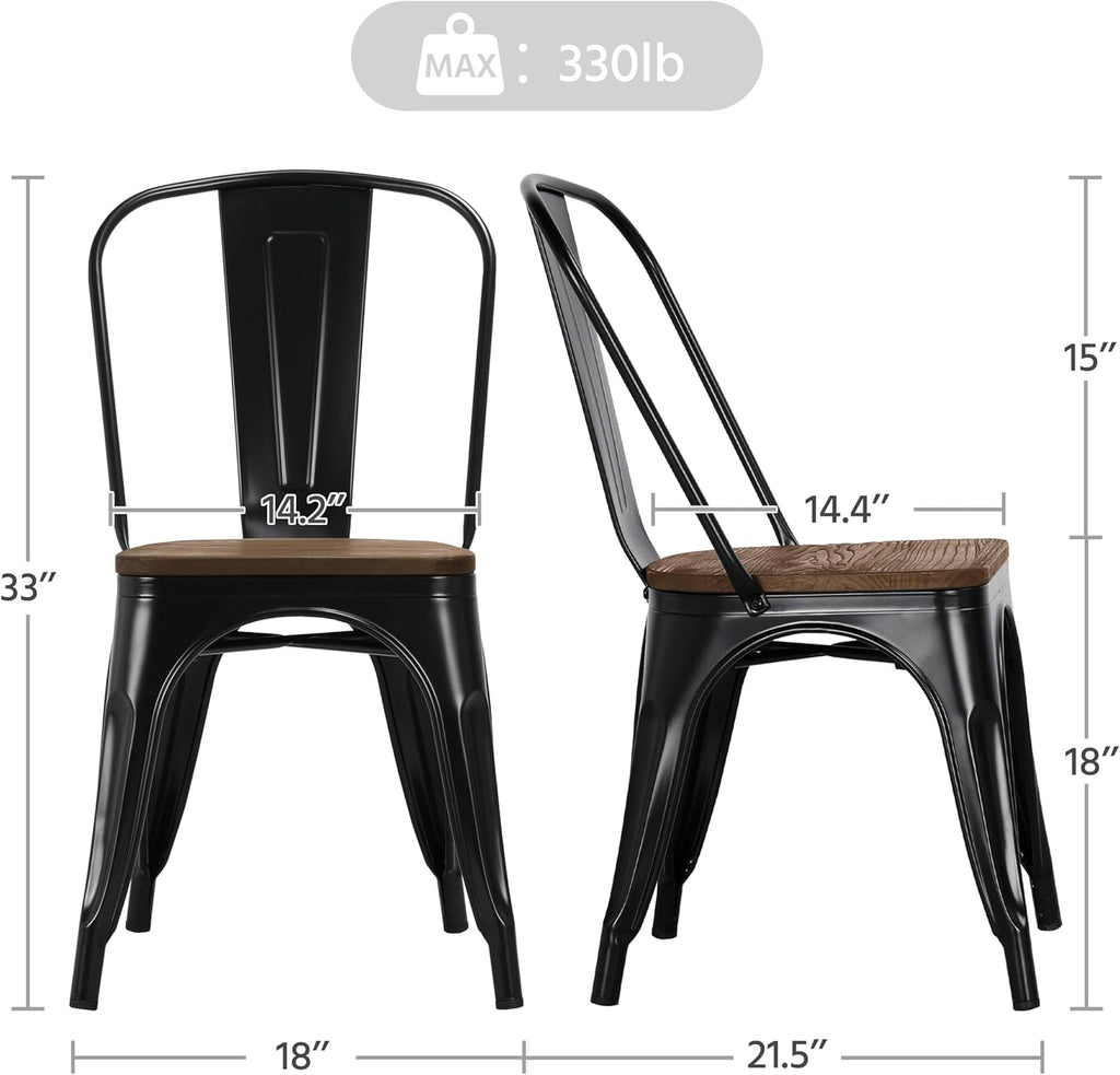 Yaheetech Metal Dining Chairs Set of 4, Industrial Stackable Kitchen Chairs with Wood Top Seat for Dining Room/Restaurant/Bistro/Patio, Indoor & Outdoor Use, Black