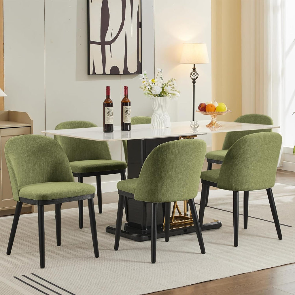 Garvee Wooden Dining Chairs Set of 6, Upholstered Kitchen Dining Room Chair, Modern Linen Fabric Farmhouse Dinner Chair with Leveling Feet/High Backrest Support for Dining Room, Living Room,Green