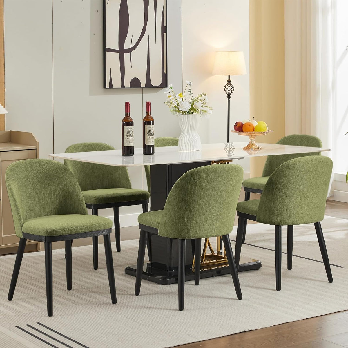 Garvee Wooden Dining Chairs Set of 6, Upholstered Kitchen Dining Room Chair, Modern Linen Fabric Farmhouse Dinner Chair with Leveling Feet/High Backrest Support for Dining Room, Living Room,Green