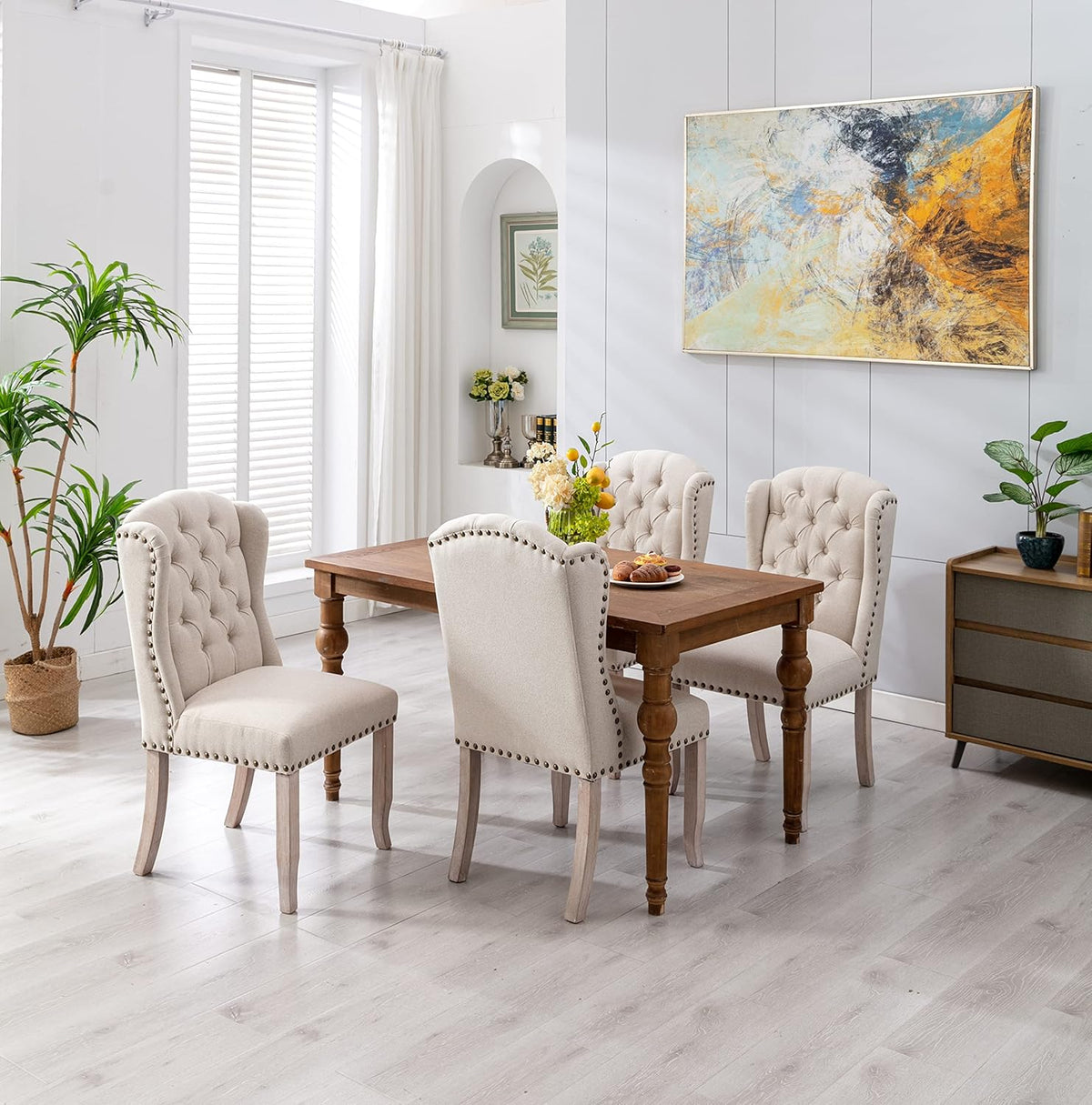 DUOMAY Modern Tufted Dining Chairs Set of 6, Linen Upholstered Dining Room Chairs Armless Guest Side Chair for Kitchen Dining Room, Wingback Accent Chairs with Solid Wood, Beige