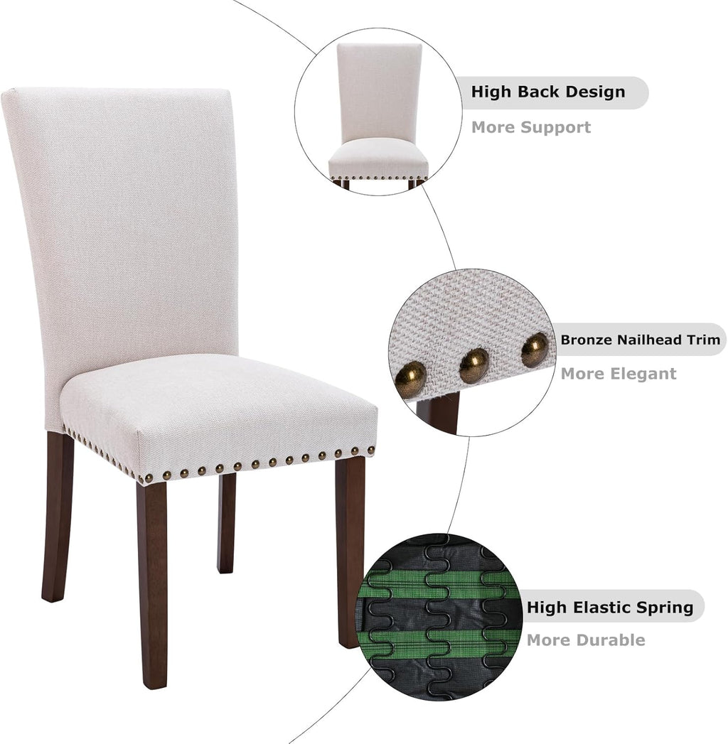COLAMY Upholstered Fabric Dining Chairs Set of 6, High Back Padded Chairs with Nailed Trim & Solid Wood Legs, Classic Parsons Chairs Side Chair for Home/Kitchen/Living Room-Beige