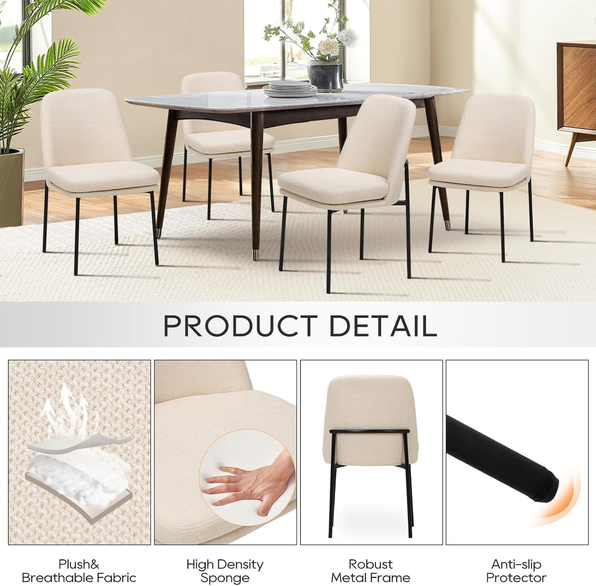 COLAMY Dining Chairs Set of 4, Modern Dining Chairs, Fabric Upholstered Dining Chairs, Kitchen Chairs with Curved Back and Metal Legs for Dining Room Kitchen Restaurant, Beige