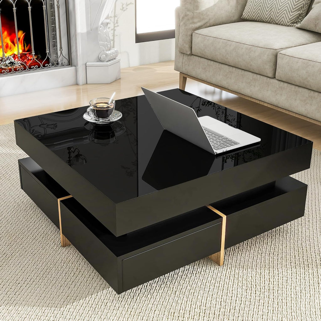 Merax Coffee Table, Modern High Gloss Coffee Table with 4 Drawers, Multi-Storage Square Center Cocktail Table with Wood Grain Legs for Living Room, 31.5"x 31.5" (Black)