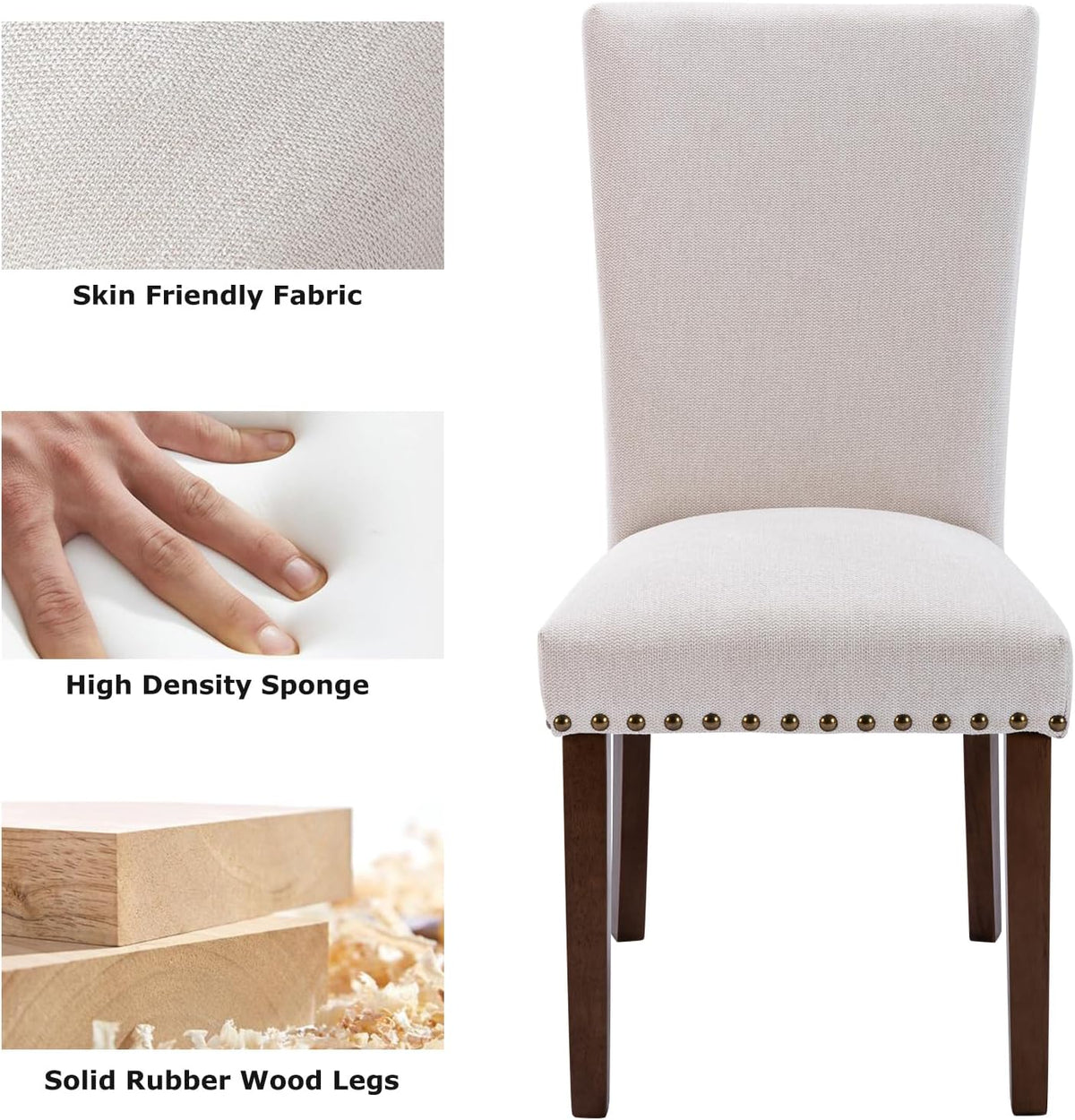 COLAMY Upholstered Fabric Dining Chairs Set of 6, High Back Padded Chairs with Nailed Trim & Solid Wood Legs, Classic Parsons Chairs Side Chair for Home/Kitchen/Living Room-Beige