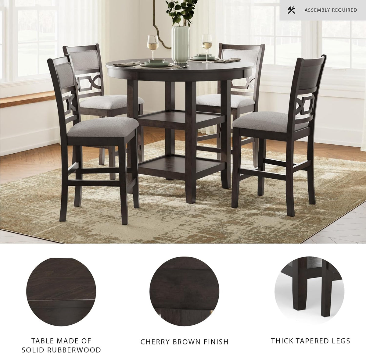 Signature Design by Ashley Langwest Transitional Diamond Patterned Counter Height Dining Table and 4 Upholstered Bar Stools, Set of 5, Dark Brown & Beige