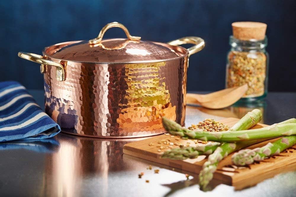 DEMMEX 1.2MM Thick Hammered Copper Soup Pot Casserole Pan Dish Dutch Oven, 4 Quarts (9" x 4")