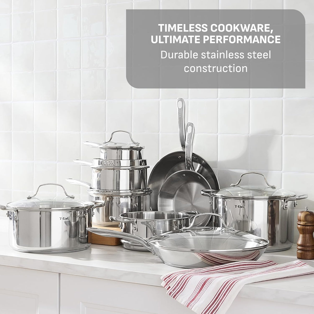 T-fal Gourmet 15-Piece Stainless Steel Cookware Set, Pots and Pans Cooking Set, Dishwasher Safe, Oven Safe to 500°F, Induction Compatible, Stock Pot, Sauce, Saute, Frying Pans, Silver