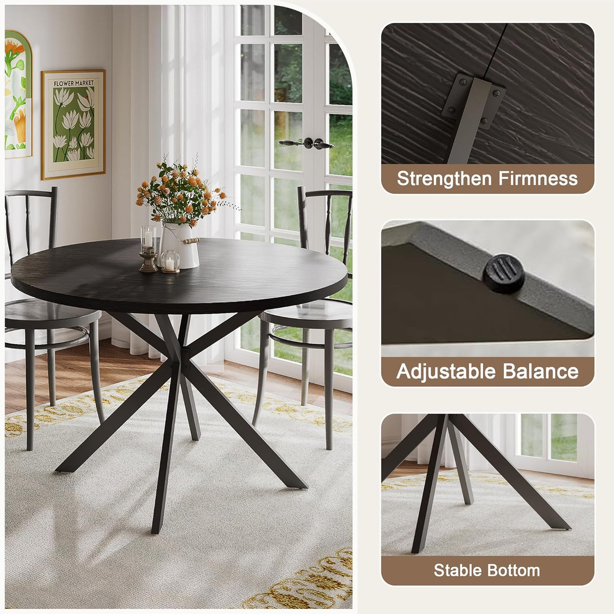 ChooChoo 47.2 Inch Round Dining Table for 4, Farmhouse Wood Kitchen Table, Circle Dinner Table for Kitchen & Dining Room, Black