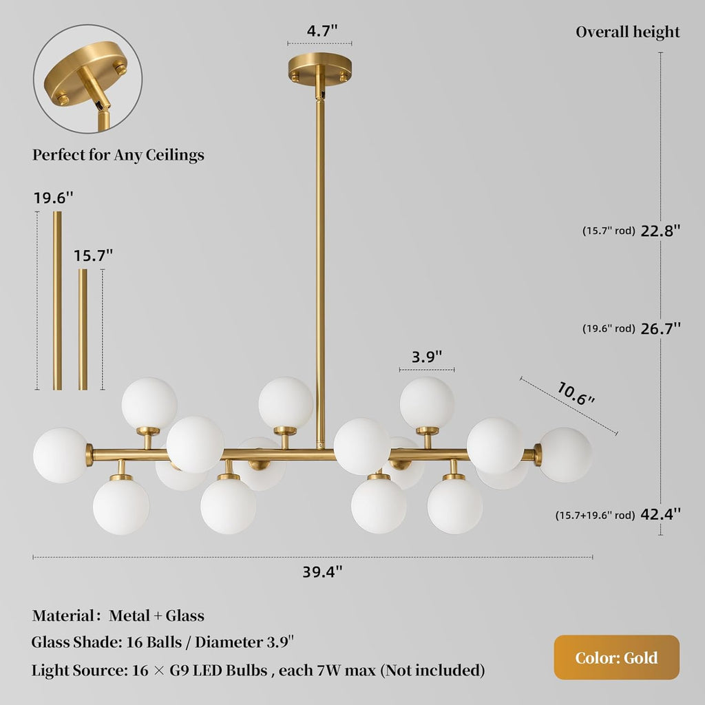 Mid Century Modern Sputnik Chandelier: 16-Light Globe Chandeliers over Table - White Glass Linear Chandelier Dining Room Light Fixture - Gold Brass Modern Chandeliers for Living Room Kitchen Island