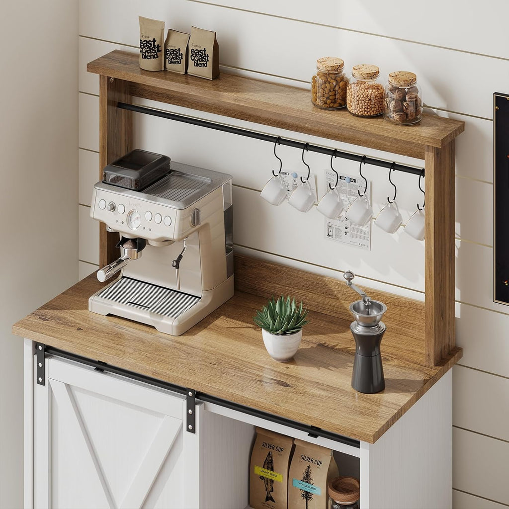 Farmhouse Coffee Bar with Hutch, White Coffee Bar Cabinet with Storage Sliding Barn Door, 31 Inch Buffet Cabinet with 6 Hooks, Coffee Bar Table with Adjustable Shelves for Living Dining Room