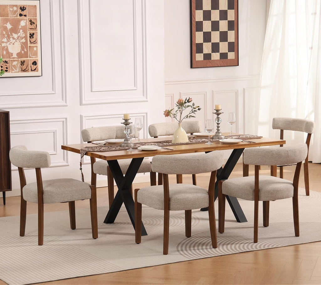 RNKSFX Modern Dining Chairs Set of 8, Walnut Upholstered Kitchen & Dining Room Chairs, Mid Century Modern Wooden Dining Chairs Oversized Sturdy Rounded Chairs Curved Back, Beige Fabric